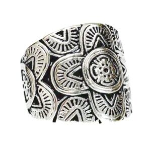 NEW - Boho Chic Intricate Fooral Mandala Embossed Silver Cigar Band Ring - Sz 7
